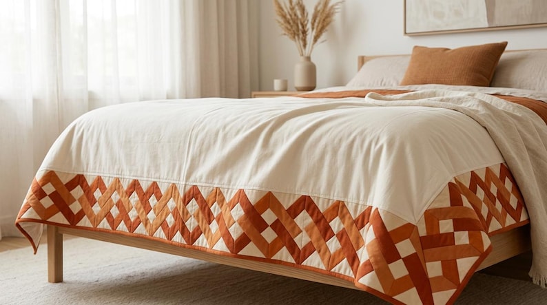 Peut inclure: Un couvre-lit de couleur cr&egrave;me dot&eacute; d'une large bordure orn&eacute;e d'un motif g&eacute;om&eacute;trique de losanges entrelac&eacute;s dans des tons orange br&ucirc;l&eacute; et terre cuite. La courtepointe est drap&eacute;e sur un cadre de lit en bois, avec un design cousu net.