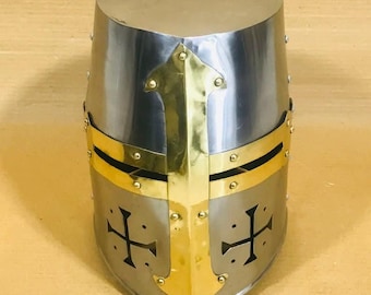 Yelmo de caballero templario de acero hecho a mano, armadura medieval de parte superior plana, ideal para exhibición en cosplay.