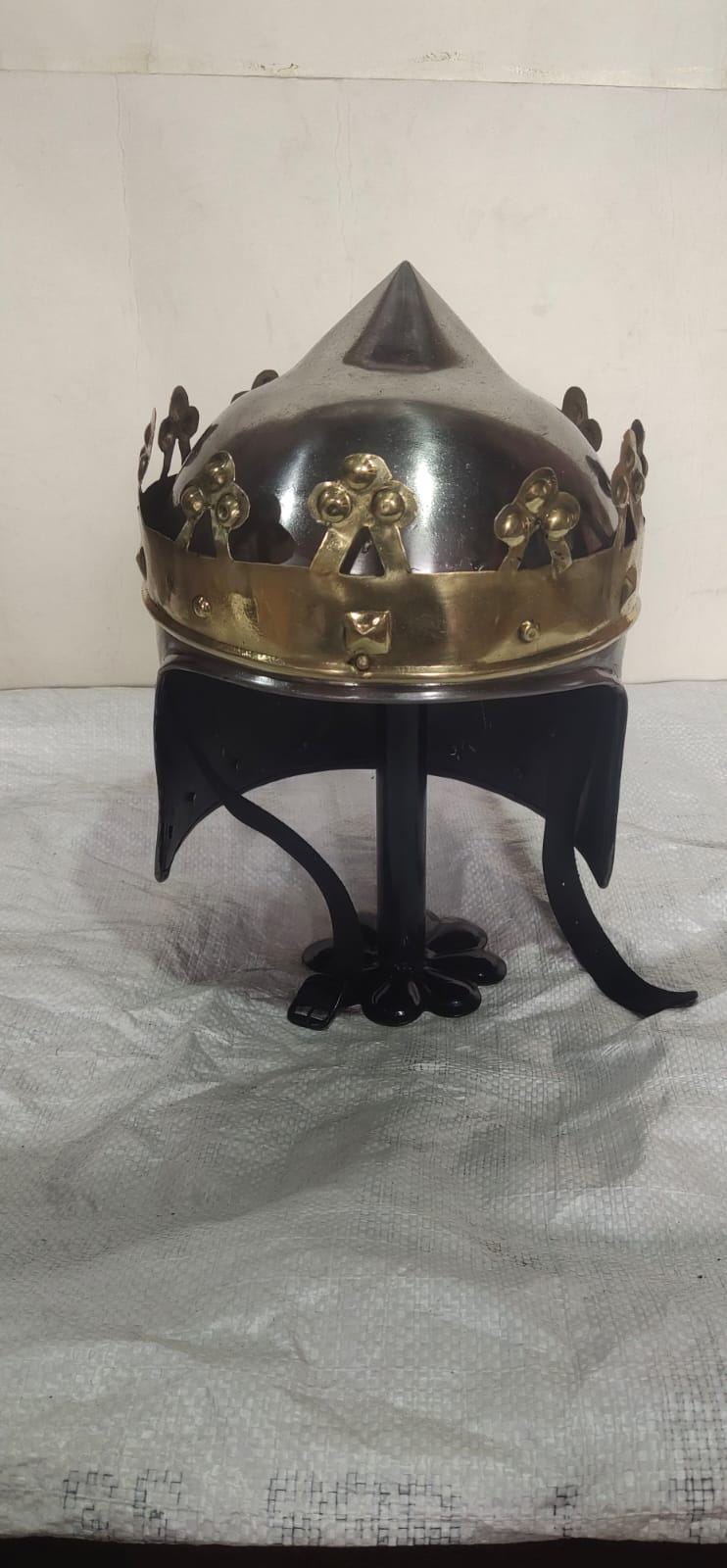 Medieval Knight Helmet with Crown Brass Band Steel Armor LARP Cosplay Historical Reproduction Helmet.