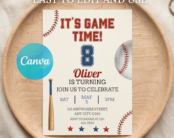 Invitación de cumpleaños de béisbol, invitación deportiva editable en Canva para fiestas de 1.º, 5.º, 10.º y 16.º cumpleaños, temática de béisbol, invitación para fiestas infantiles.