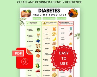 Lista de alimentos para diabéticos / Guía para planificar comidas saludables / Fácil de usar (Descarga digital en PDF)