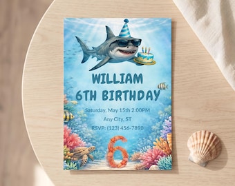 Invitación de cumpleaños de tiburón / Invitación para fiesta infantil de 6º cumpleaños con temática oceánica para niños / Fiesta imprimible bajo el mar / Descarga instantánea 5x7