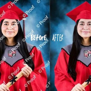 May include: A side-by-side comparison of a graduation portrait before and after editing. The subject wears a red graduation gown and cap, holding a diploma. The text "BEFORE" and "AFTER" are visible.