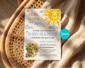 ¡Aquí viene el hijo! – Invitación para baby shower / Plantilla Boho Sunshine (Descarga digital)