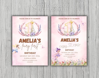 Invitación de primer cumpleaños de hadas para niña / Fiesta de hadas rosa editable / Decoración de primer cumpleaños de hadas / Invitación imprimible para el primer cumpleaños / Regalos de hadas para niños
