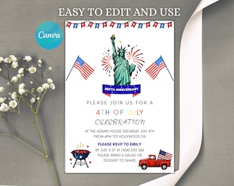 Invitación al 250 aniversario de Estados Unidos / Invitación a la barbacoa del 4 de julio (Plantilla editable de Canva)