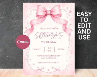 Invitación de cumpleaños con lazo rosa / Cinta coqueta en acuarela pastel (Descarga digital)