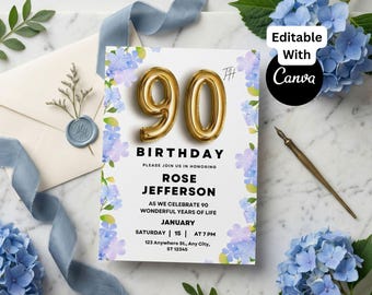 Invitación de cumpleaños número 90 / Invitación para fiesta de noventa años con diseño floral azul para ella / Plantilla editable de Canva / Descarga digital instantánea imprimible 5x7