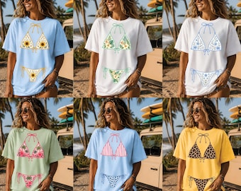 Paquete PNG de bikini de verano, PNG de verano de moda, PNG de ropa de playa de verano, paquete de chica de lago con patchwork de leopardo, diseño PNG de verano retro, PNG de bikini