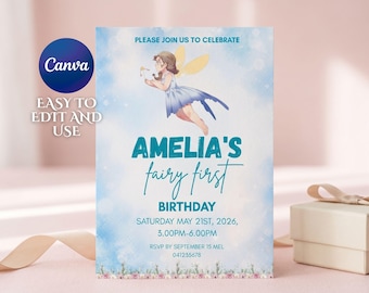Invitación de primer cumpleaños de hadas / Invitación de primer cumpleaños de niña con temática de hadas / Plantilla editable de Canva (Descarga digital)