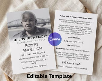 Invitación fúnebre / Plantilla editable de invitación para celebración de vida / Plantilla de Canva para invitación conmemorativa / Descarga instantánea
