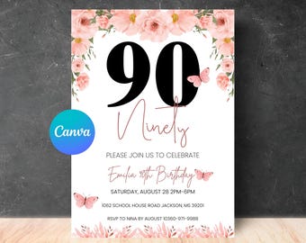 Invitación de cumpleaños número 90 / Regalo de invitación de cumpleaños número noventa para ella (adulta) / Plantilla imprimible (descarga digital)