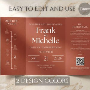 May include: A tri-fold wedding invitation in a terracotta color, featuring the names "Frank & Michelle" and wedding details. The design includes a timeline of events, RSVP information, and the text "2 Design Colors."