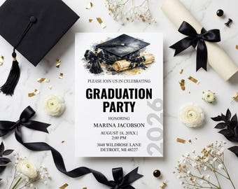 Invitación a la fiesta de graduación de la promoción de 2026 / Plantilla editable de Canva para celebraciones de instituto y universidad