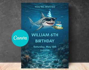 Invitación de cumpleaños de tiburón / Invitación imprimible para fiesta temática del océano y el mundo submarino para niños y niñas / Descarga instantánea