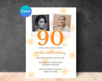Invitación de cumpleaños número 90 / Invitación fotográfica imprimible para mujer adulta / Descarga digital