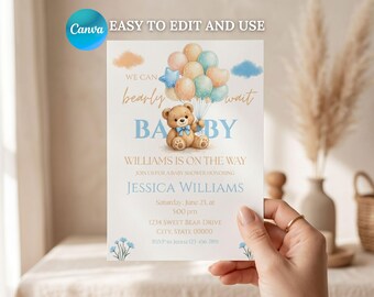 Invitación editable para baby shower con diseño de oso, ¡Apenas podemos esperar!, invitación con globos de oso azul estilo boho para niño, plantilla digital de Canva con diseño de oso de peluche.
