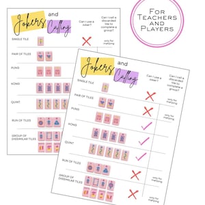May include: Two pink and white Mahjong cheat sheets with the text "Jokers and Calling" and "For Teachers and Players". The sheets detail rules for using Jokers and calling discarded tiles, with examples of tile combinations.