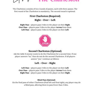 May include: A white card with the text "Let's Do The Charleston" in a script font. Instructions for the card game are listed below the title, including "First Charleston (Required)" and "Second Charleston (Optional)." A pink stop sign graphic is in the center.