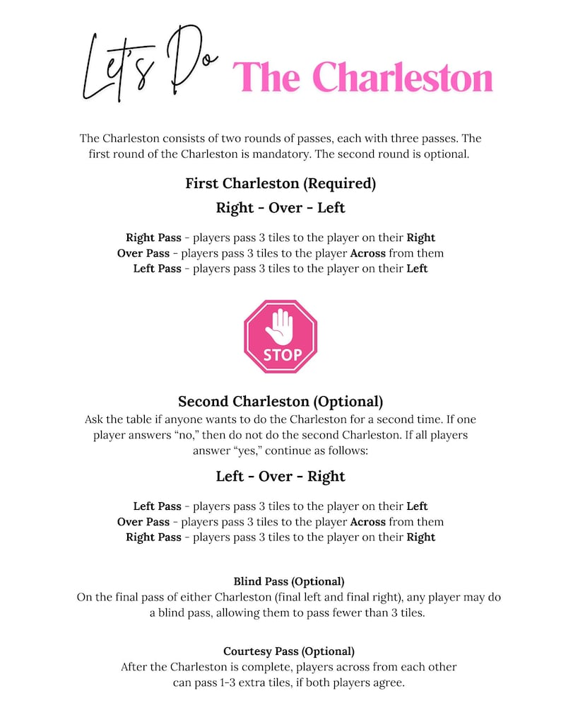 May include: A white card with the text "Let's Do The Charleston" in a script font. Instructions for the card game are listed below the title, including "First Charleston (Required)" and "Second Charleston (Optional)." A pink stop sign graphic is in the center.