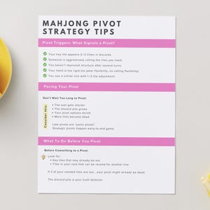 Könnte beinhalten: Ein weißes Blatt Papier mit "MAHJONG PIVOT STRATEGY TIPS" in schwarzem Text und rosa hervorgehobenen Abschnitten. Das Papier enthält Aufzählungslisten mit Details zu Pivot-Triggern, Tempo und Aktionen vor dem Pivot. Eine gelbe Tasse und Untertasse befinden sich in der oberen linken Ecke.