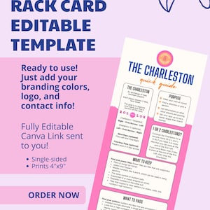 Könnte beinhalten: Eine rosa und weiße Charleston-Rackkarten-Vorlage mit dem Text "CHARLESTON RACK CARD EDITABLE TEMPLATE". Die Karte enthält Anweisungen und eine Kurzanleitung für das Spiel. Die Vorlage ist einseitig und druckt 10,16 cm x 22,86 cm.