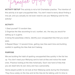 May include: A white background with black text detailing a Mahjong practice activity. The title, "The Charleston Practice Activity," is in a cursive pink font. Instructions include dealing tiles and identifying unsupported ones.