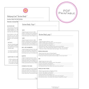 Könnte beinhalten: Ein druckbarer PDF-Leitfaden für Mahjong, der mehrere Seiten mit Fragen und Aufforderungen enthält. Die Seiten tragen den Titel "Section Study" und umfassen Abschnitte wie "Any Like Numbers" und "Singles and Pairs."