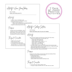 May include: Two pages of Mahjong practice activities with handwritten text. The first page is titled "Activity 1: Know Your Jokers" and the second page is titled "Activity 3: Seeking Sections". A pink circle with the text "7 Days of Joker Practice Activities" is in the upper right corner.