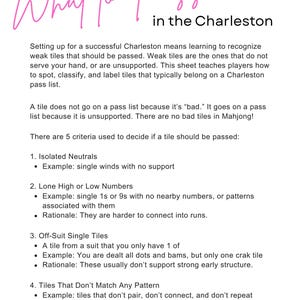 May include: A white sheet with pink cursive text that reads "What to Pass in the Charleston." The sheet lists five criteria for identifying weak Mahjong tiles to pass, including isolated neutrals and off-suit single tiles.
