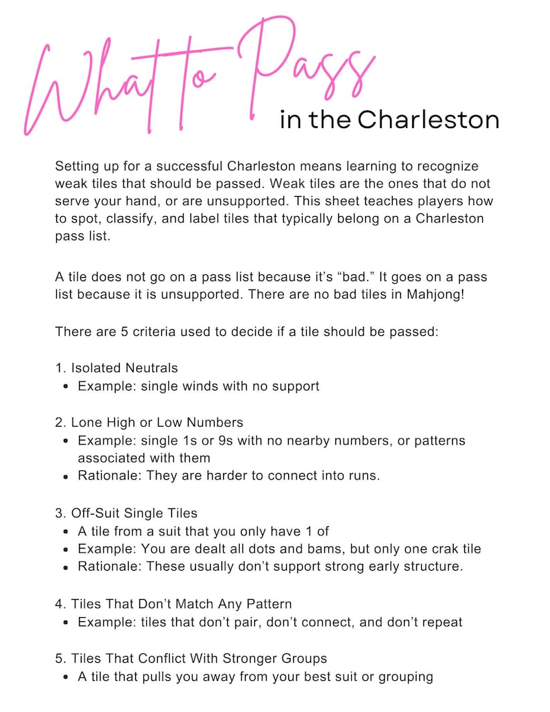 May include: A white sheet with pink cursive text that reads "What to Pass in the Charleston." The sheet lists five criteria for identifying weak Mahjong tiles to pass, including isolated neutrals and off-suit single tiles.