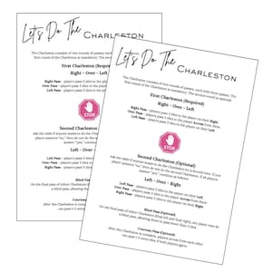 Könnte beinhalten: Zwei weiße Papierbögen mit dem Text "Let's Do The Charleston" in schwarzer Schrift. Die Bögen enthalten Anweisungen für ein Spiel, einschließlich "First Charleston" und "Second Charleston" mit einem Stoppschild.