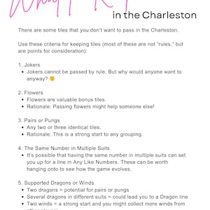 May include: A white paper with the text "What to Keep in the Charleston" in pink cursive. The text lists criteria for keeping tiles in the game, including Jokers, Flowers, Pairs, and the Same Number in Multiple Suits.