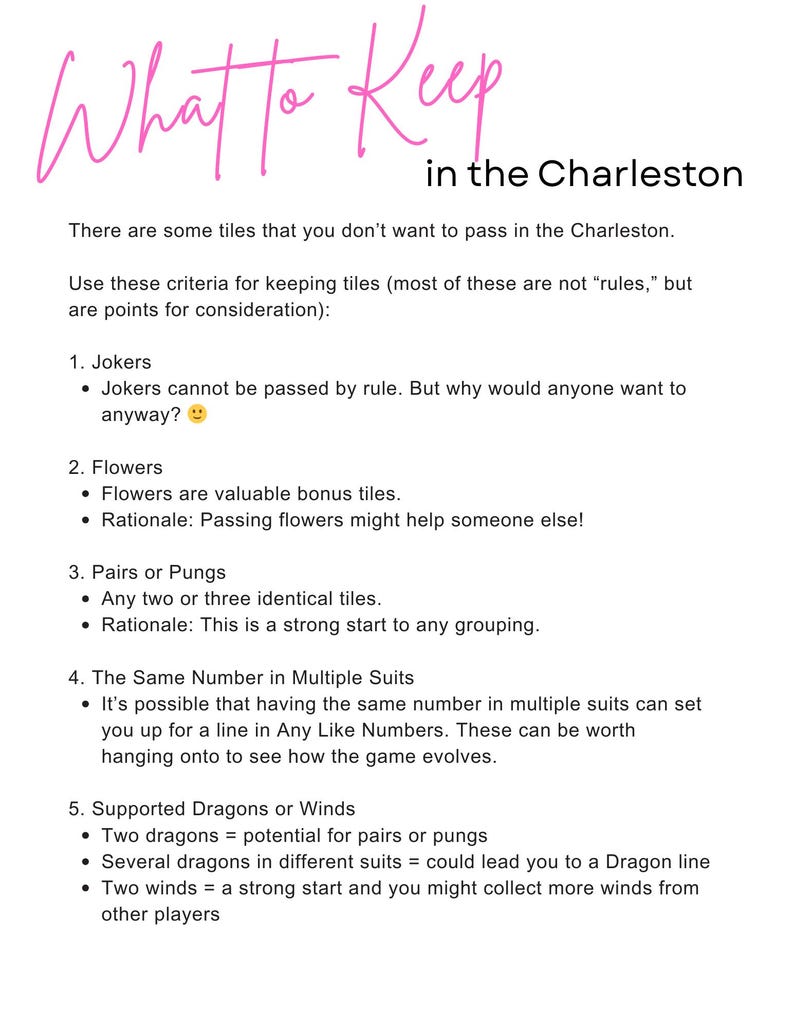 May include: A white paper with the text "What to Keep in the Charleston" in pink cursive. The text lists criteria for keeping tiles in the game, including Jokers, Flowers, Pairs, and the Same Number in Multiple Suits.