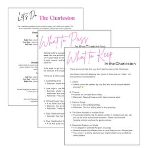 May include: Three white pages with pink text detailing the rules of a card game called "The Charleston." The pages include instructions on what to pass and keep, with bullet points and examples. The title "Let's Do The Charleston" is at the top.