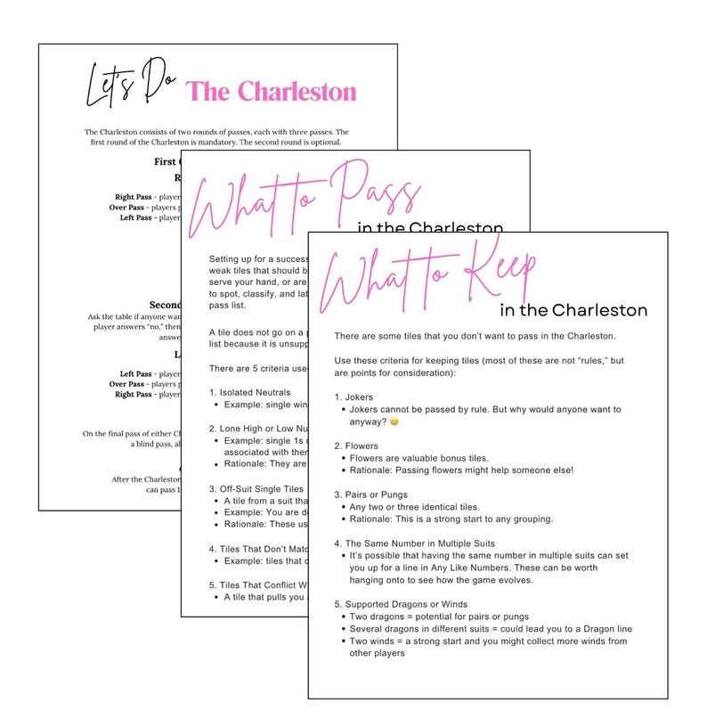 May include: Three white pages with pink text detailing the rules of a card game called "The Charleston." The pages include instructions on what to pass and keep, with bullet points and examples. The title "Let's Do The Charleston" is at the top.