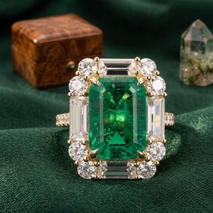 Anillo de regalo de boda con esmeralda natural de 6,00 quilates y diamantes en oro amarillo de 14k.