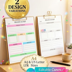 Brain Dump Printable | Overthinking Relief Worksheet | Mind Clearing Template | ADHD Daily Planner Sheet | Editable Canva Template & PDF