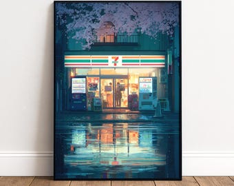 Könnte beinhalten: Ein gerahmter Kunstdruck eines 7-Eleven-Geschäfts bei Nacht, mit dem beleuchteten Schild des Geschäfts. Die Szene spiegelt sich im nassen Pflaster. Kirschblüten sind oben im Bild zu sehen.