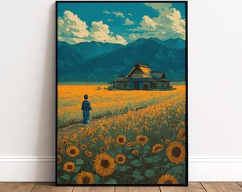 Japanese Sunflower Print - Meiji Era Summer Poster - Japan Field Wall Art - Summer Japan Decor - Japanese Country Art Print