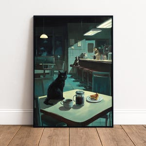 May include: A framed art print depicts a diner scene with a black cat sitting at a table. A cup of coffee, a jar, and a slice of pie are on the table. Two dogs are at the counter. The color palette is dark with cool tones.