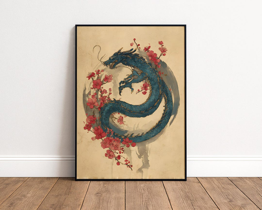 Japanese Dragon Cherry Blossom Art Print - Sumi Ink Dragon Poster ...