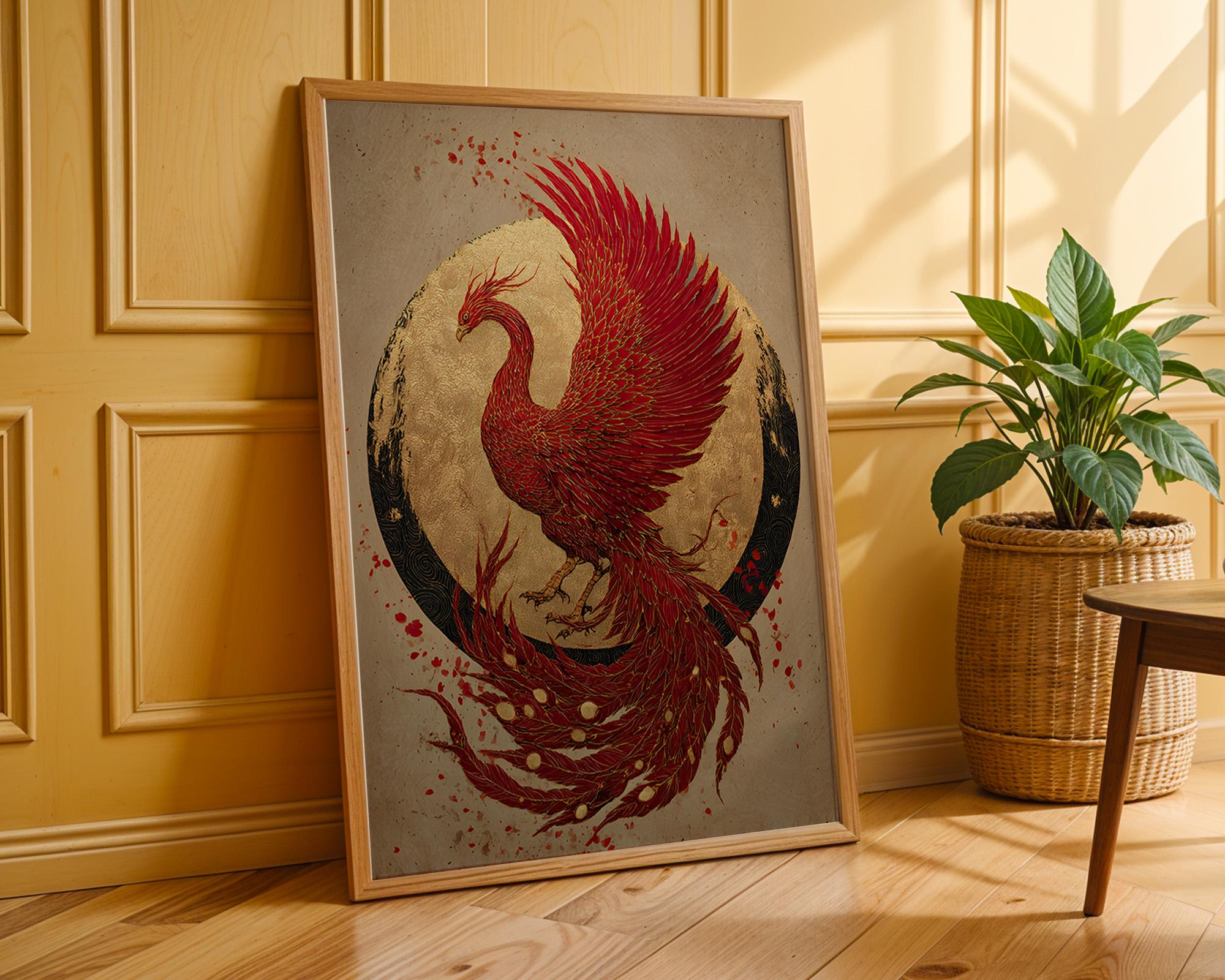 Golden Phoenix Japanese Art Print - Mythical Bird Poster - Japandi Wall ...