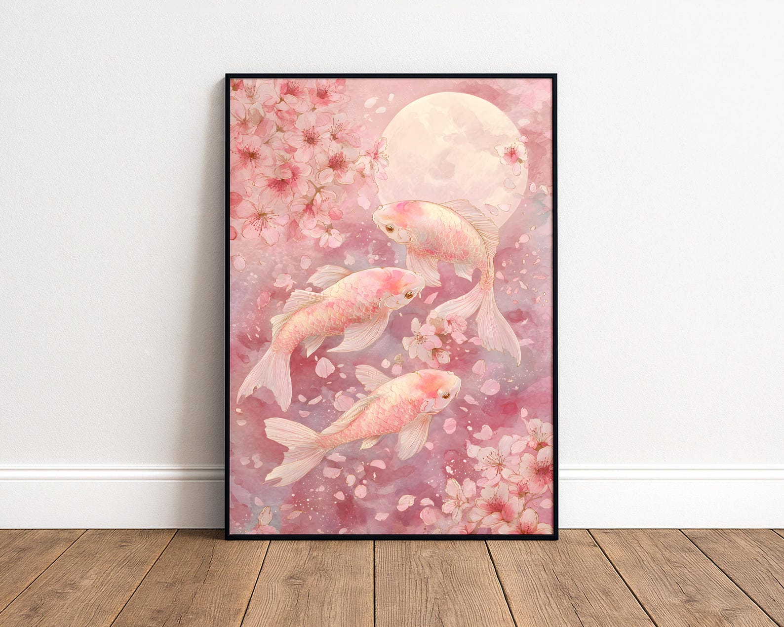 Pink Cherry Blossom Koi Art Print - Pastel Koi Poster - Romantic Japandi Wall Art - Feminine Japanese Decor - Soft Pink - White Frame, A5