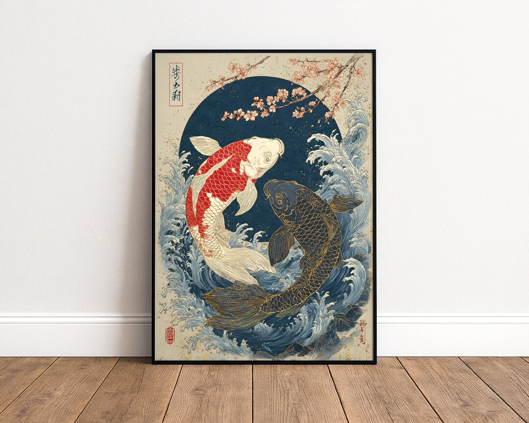 Japanese Koi Fish Waterfall Pair Art Print - Duo Koi Poster - Wealth ...