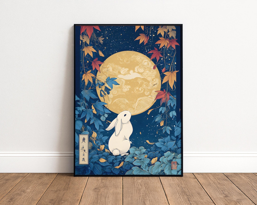 Japanese Moon Rabbit Red Japanese Moon Rabbit Print - Tsuki No Usagi Poster - Japan Folklore ...