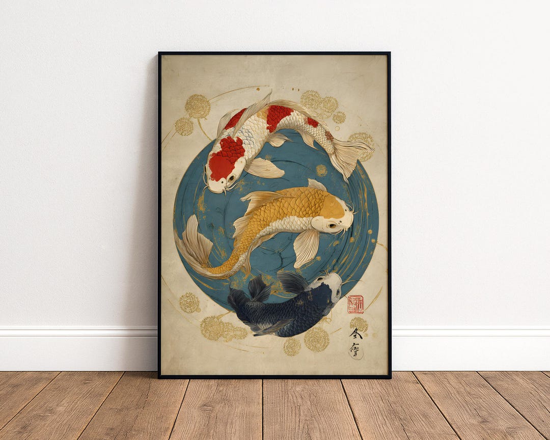 Three Koi Fish Japanese Art Print - Goldfish Trio Wall Art - Abundance ...