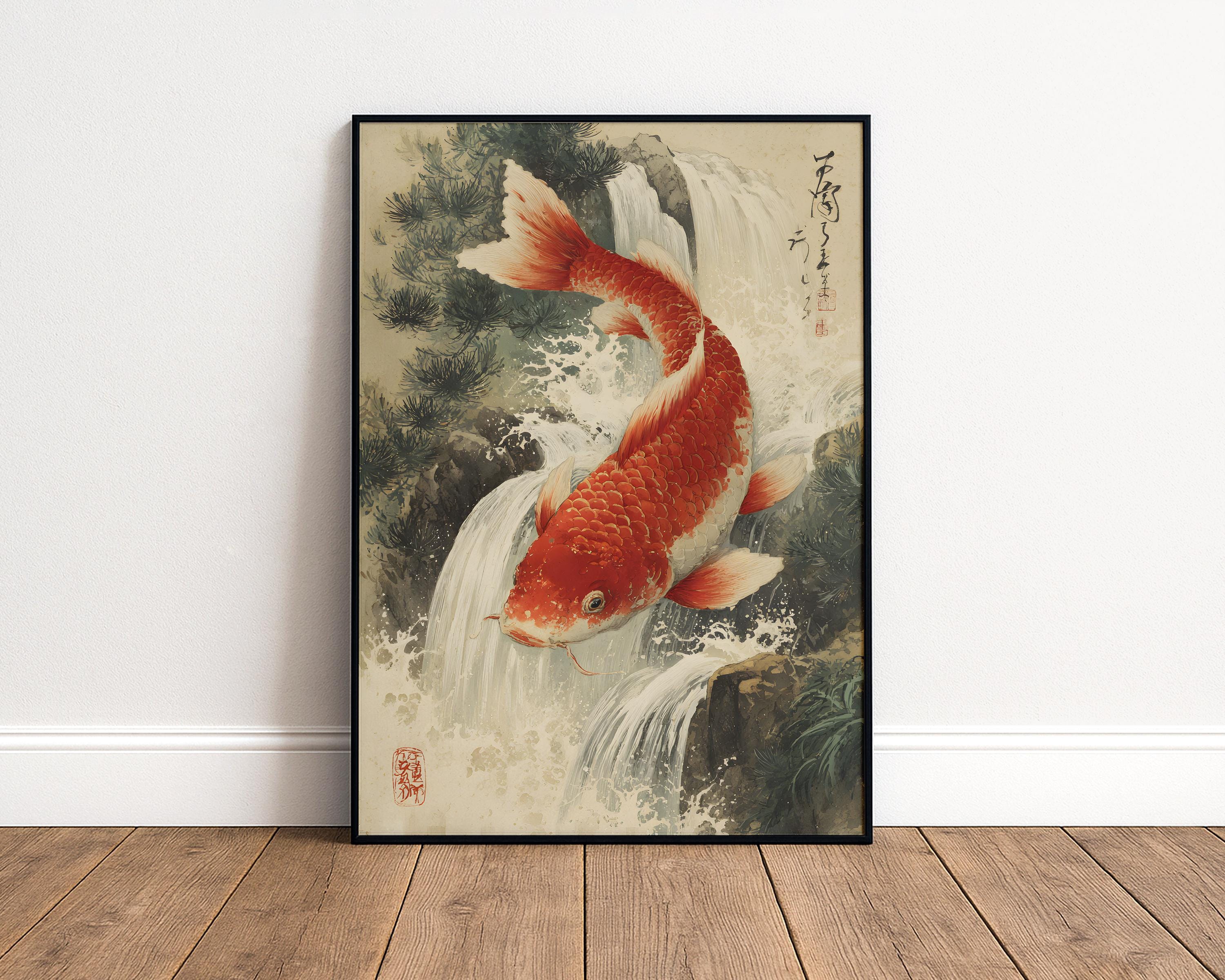 Koi Fish Waterfall Japanese Art Print - Perseverance Wall Art Poster ...