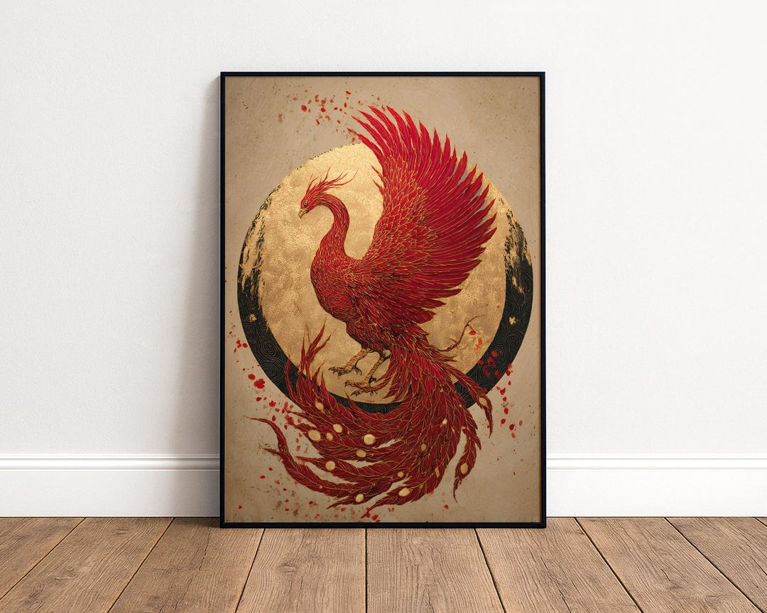 Golden Phoenix Japanese Art Print - Mythical Bird Poster - Japandi Wall ...