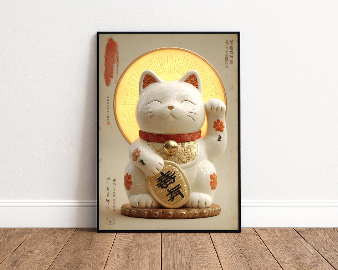 Japanese Lucky Cat Maneki Neko Art Print - Beckoning Cat Poster - Feng ...